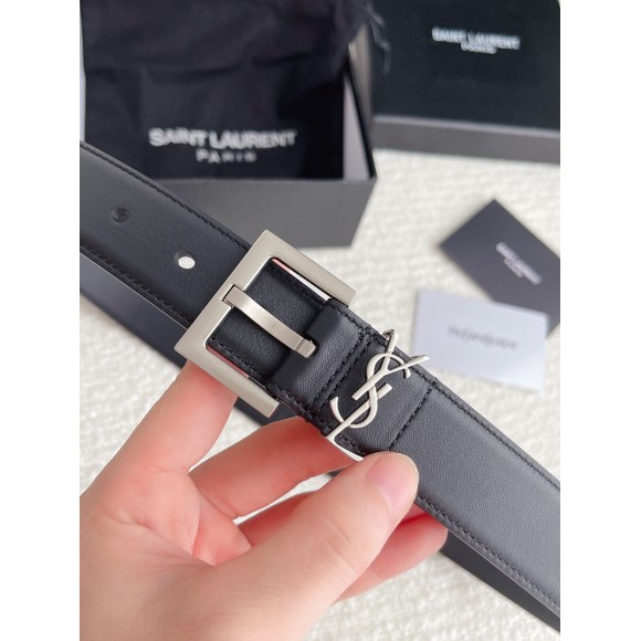 Saint Laurent Cassandre Square Buckle Belt 30MM In Noir Leather