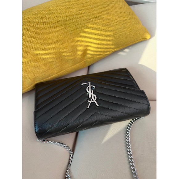 Saint Laurent Cassandre Matelasse Chain Wallet in Noir Grained Leather