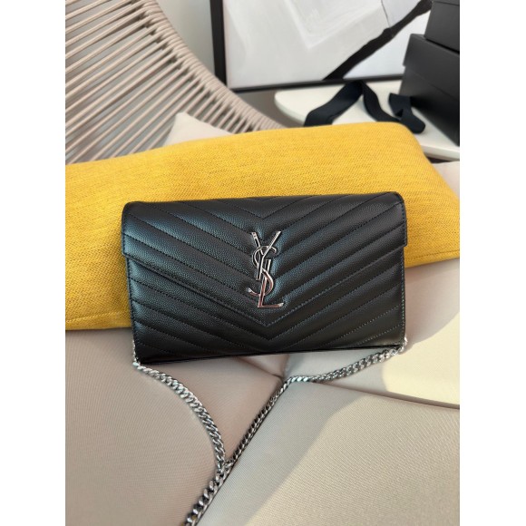 Saint Laurent Cassandre Matelasse Chain Wallet in Noir Grained Leather