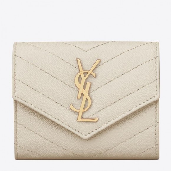 Saint Laurent Cassandre Tri-fold Wallet in White Matelasse Leather