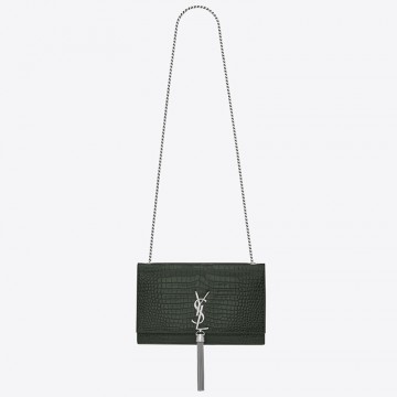 Saint Laurent Kate Medium Tassel Bag In Green Crocodile-embossed Leather Saint Laurent Kate Medium Tassel Bag In Green Crocodile-embossed Leather