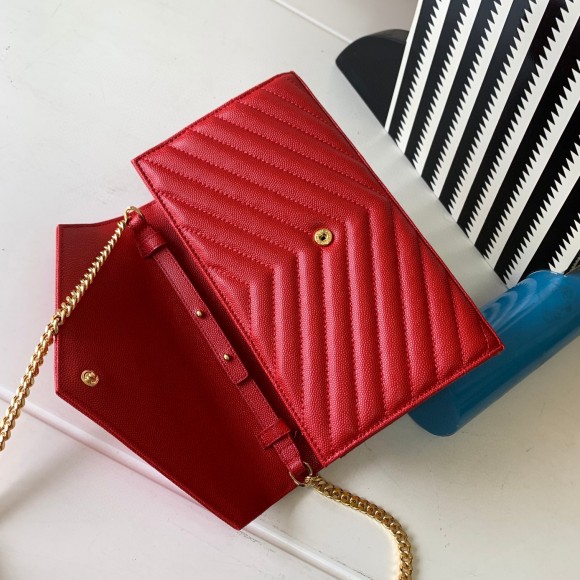 Saint Laurent Cassandre Matelasse Chain Wallet in Red Grained Leather