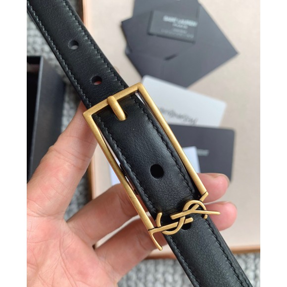 Saint Laurent New Cassandre Buckle Belt 20MM In Black Leather