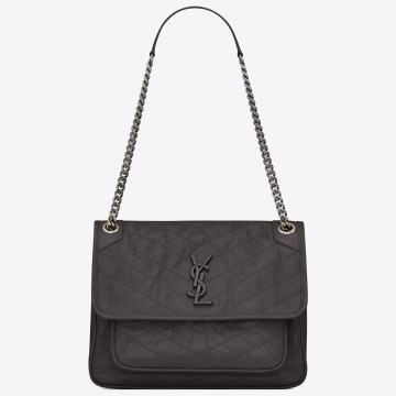 Saint Laurent Niki Medium Chain Bag In Dark Grey Crinkled Leather Saint Laurent Niki Medium Chain Bag In Dark Grey Crinkled Leather