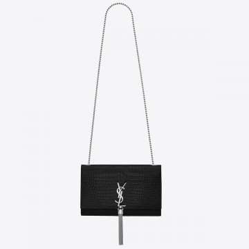 Saint Laurent Kate Medium Tassel Bag In Noir Crocodile-embossed Leather Saint Laurent Kate Medium Tassel Bag In Noir Crocodile-embossed Leather