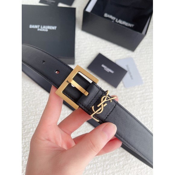 Saint Laurent Cassandre Square Buckle Belt 30MM In Black Leather