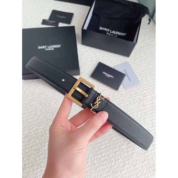 Saint Laurent Cassandre Square Buckle Belt 30MM In Black Leather