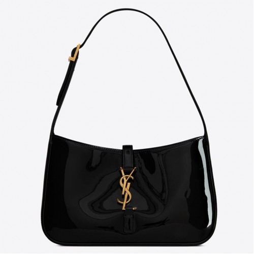 Saint Laurent Le 5 À 7 Hobo Bag in Black Patent Calfskin
