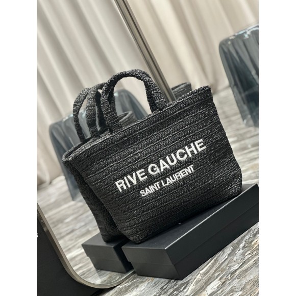 Saint Laurent Rive Gauche Tote Bag in Black Raffia Crochet