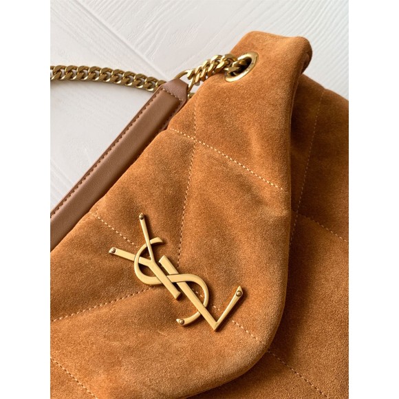 Saint Laurent Puffer Small Chain Bag In Brown Suede Calfskin