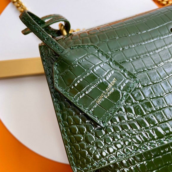 Saint Laurent Sunset Medium Chain Bag In Green Crocodile-embossed Leather