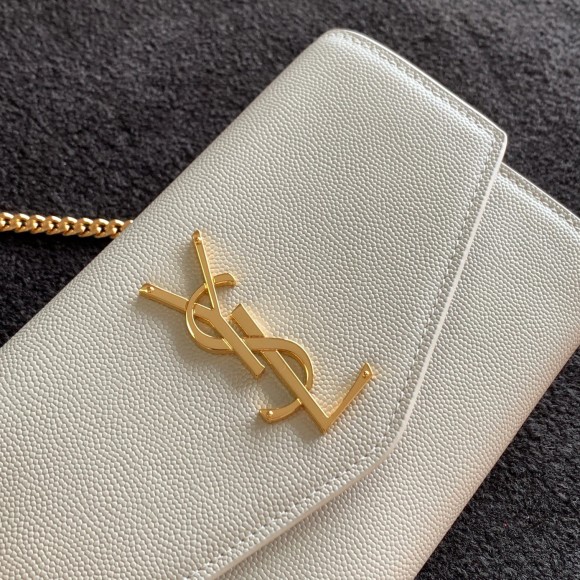 Saint Laurent Uptown Chain Wallet in White Grained Leather