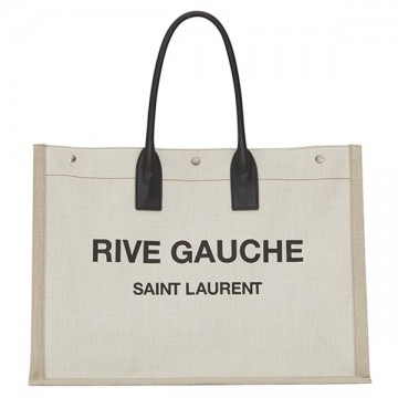 Saint Laurent Rive Gauche Tote Bag in White Linen and Black Leather Saint Laurent Rive Gauche Tote Bag in White Linen and Black Leather