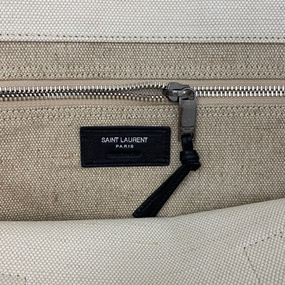 Saint Laurent Rive Gauche Tote Bag in White Linen and Black Leather