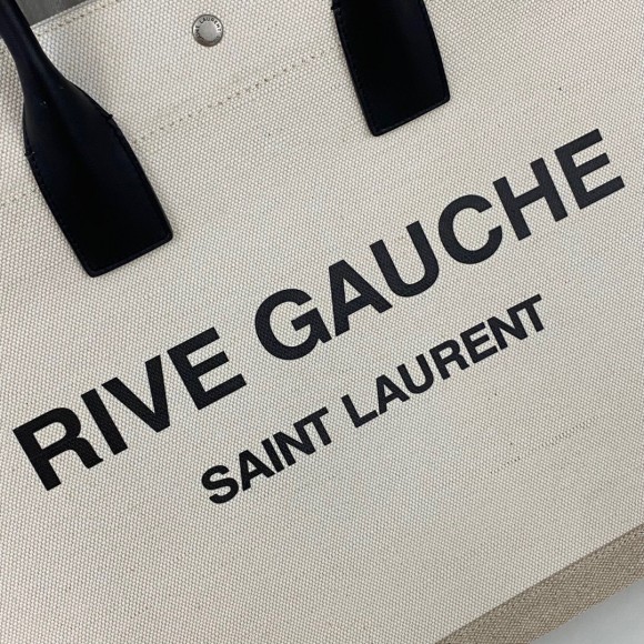 Saint Laurent Rive Gauche Tote Bag in White Linen and Black Leather