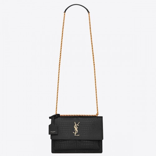 Saint Laurent Sunset Medium Chain Bag In Black Crocodile-embossed Leather