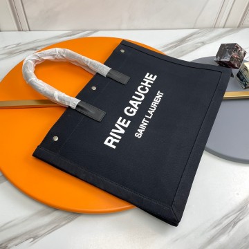 Saint Laurent Rive Gauche Tote Bag in Black Linen and Leather Saint Laurent Rive Gauche Tote Bag in Black Linen and Leather