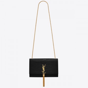 Saint Laurent Kate Medium Tassel Bag In Black Crocodile-embossed Leather Saint Laurent Kate Medium Tassel Bag In Black Crocodile-embossed Leather