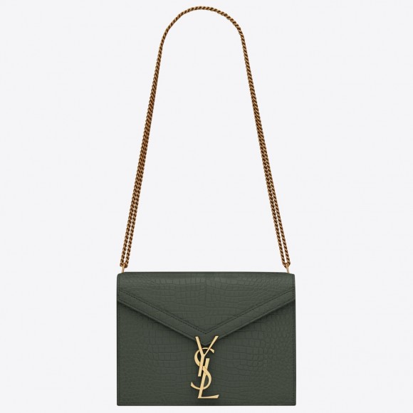 Saint Laurent Cassandra Medium Bag In Green Crocodile Embossed Leather