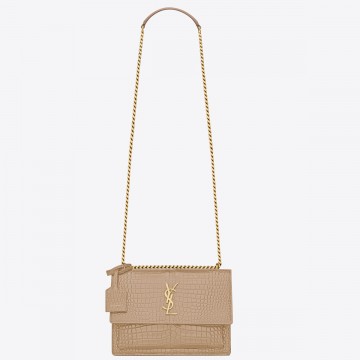 Saint Laurent Sunset Medium Chain Bag In Beige Crocodile-embossed Leather Saint Laurent Sunset Medium Chain Bag In Beige Crocodile-embossed Leather