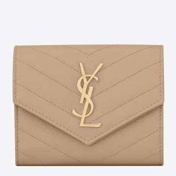 Saint Laurent Cassandre Tri-fold Wallet in Beige Matelasse Leather Saint Laurent Cassandre Tri-fold Wallet in Beige Matelasse Leather