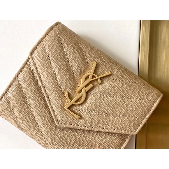 Saint Laurent Cassandre Tri-fold Wallet in Beige Matelasse Leather