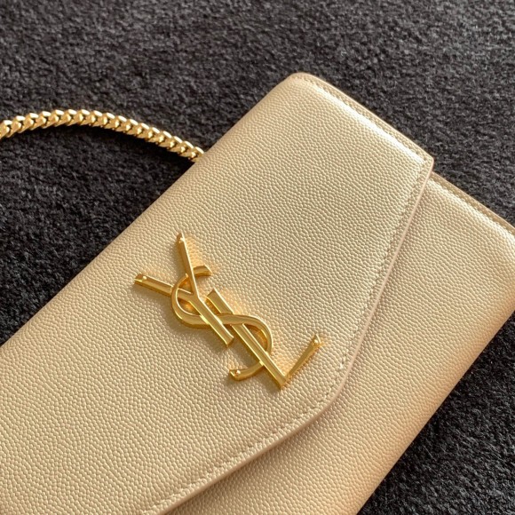 Saint Laurent Uptown Chain Wallet in Beige Grained Leather