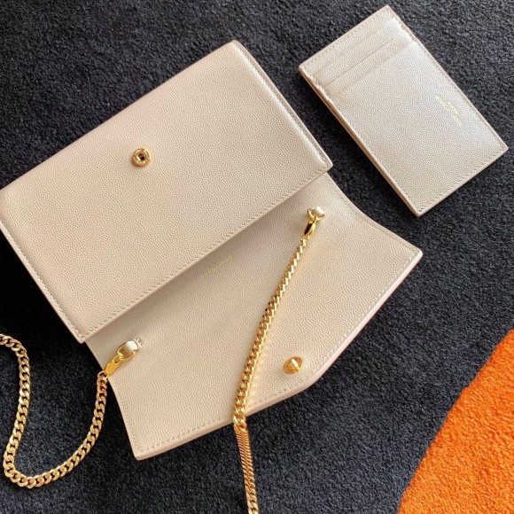 Saint Laurent Uptown Chain Wallet in Beige Grained Leather