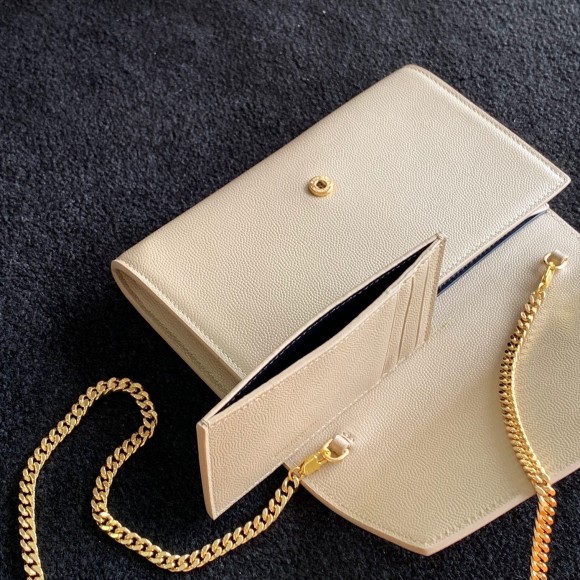 Saint Laurent Uptown Chain Wallet in Beige Grained Leather