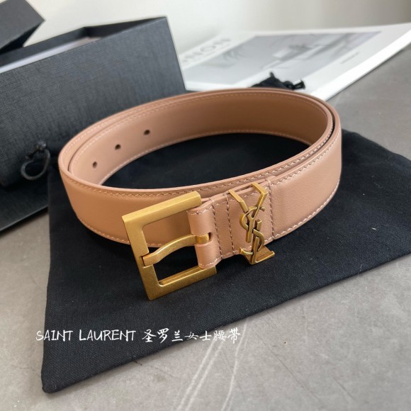 Saint Laurent Cassandre Square Buckle Belt 30MM In Beige Leather