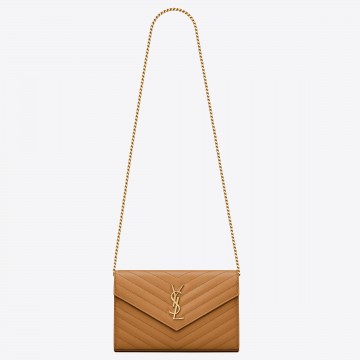 Saint Laurent Cassandre Matelasse Chain Wallet in Brown Grained Leather Saint Laurent Cassandre Matelasse Chain Wallet in Brown Grained Leather