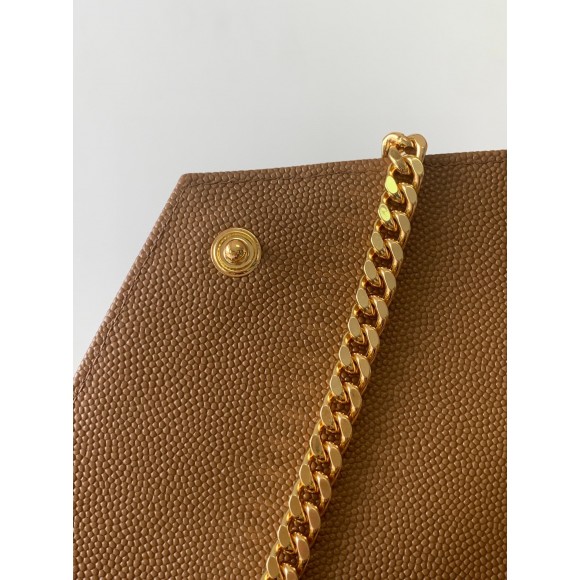 Saint Laurent Cassandre Matelasse Chain Wallet in Brown Grained Leather