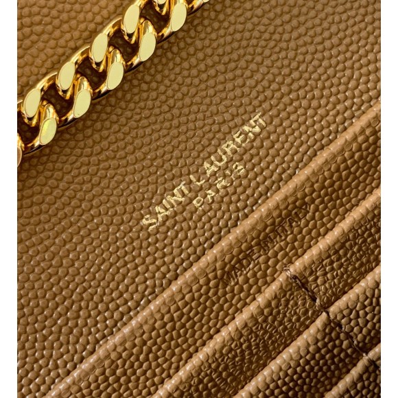 Saint Laurent Cassandre Matelasse Chain Wallet in Brown Grained Leather