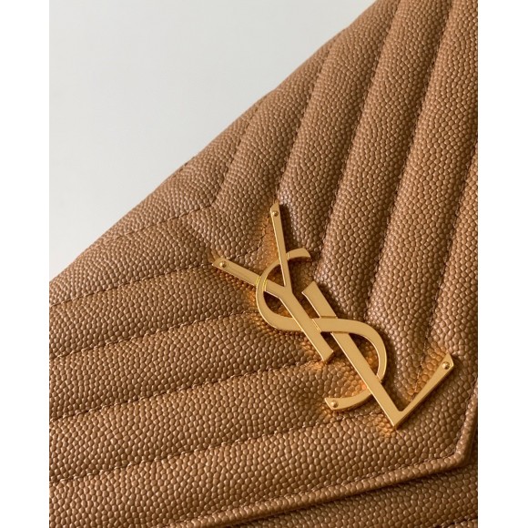 Saint Laurent Cassandre Matelasse Chain Wallet in Brown Grained Leather