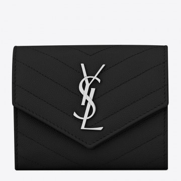 Saint Laurent Cassandre Tri-fold Wallet in Noir Matelasse Leather Saint Laurent Cassandre Tri-fold Wallet in Noir Matelasse Leather