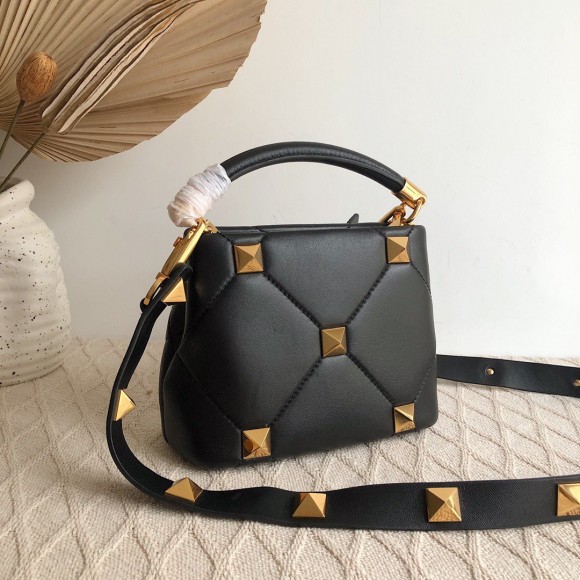 Valentino Roman Stud Mini Handle Bag In Black Nappa Leather