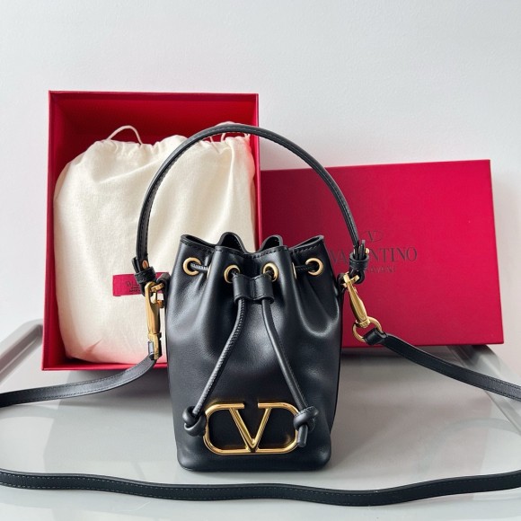 Valentino VLogo Signature Mini Bucket Bag in Black Calfskin