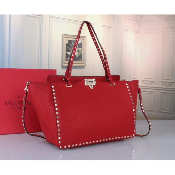 Valentino Rockstud Medium Tote In Red Grained Leather