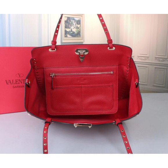 Valentino Rockstud Medium Tote In Red Grained Leather