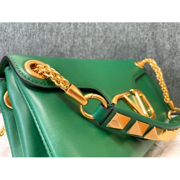 Valentino Stud Sign Shoulder Bag In Green Nappa Leather