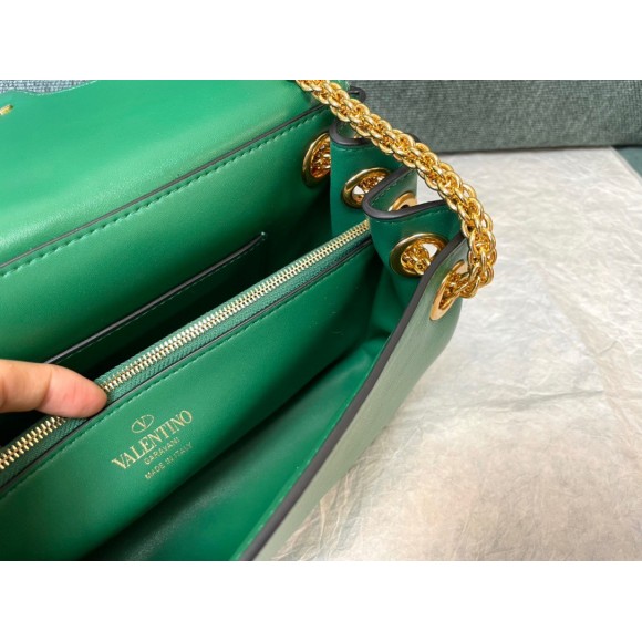 Valentino Stud Sign Shoulder Bag In Green Nappa Leather