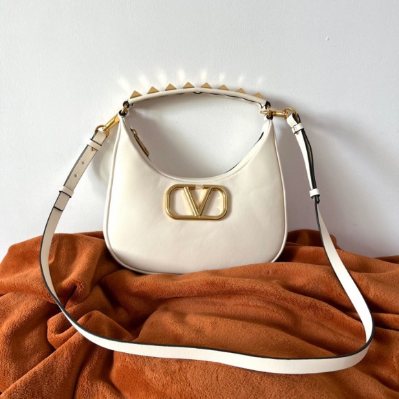 Valentino Stud Sign Hobo Bag In White Calfskin