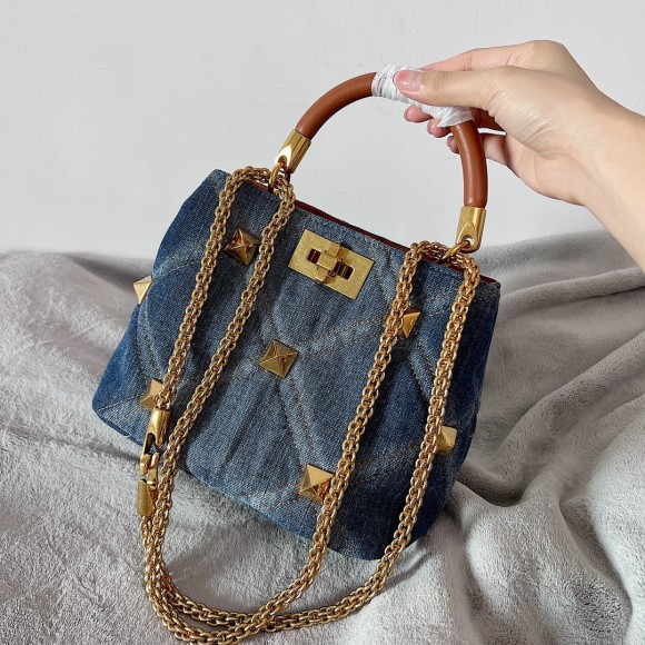 Valentino Roman Stud Small Top Handle Bag In Denim