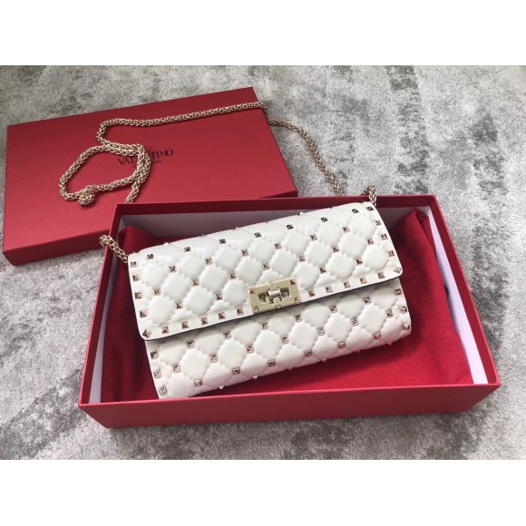 Valentino Rockstud Spike Crossbody Clutch Bag In White Lambskin