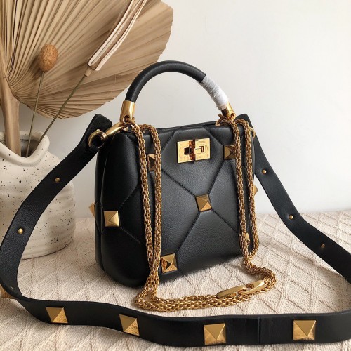 Valentino Roman Stud Small Handle Bag In Black Nappa Leather Valentino Roman Stud Small Handle Bag In Black Nappa Leather