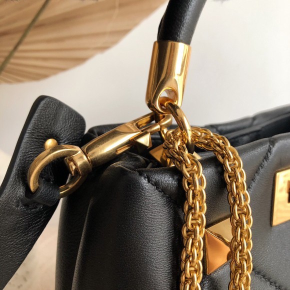 Valentino Roman Stud Small Handle Bag In Black Nappa Leather