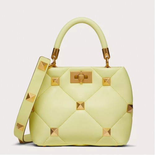 Valentino Roman Stud Small Handle Bag In Yellow Nappa Leather Valentino Roman Stud Small Handle Bag In Yellow Nappa Leather