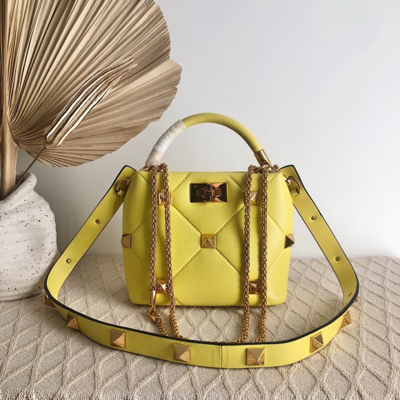 Valentino Roman Stud Small Handle Bag In Yellow Nappa Leather