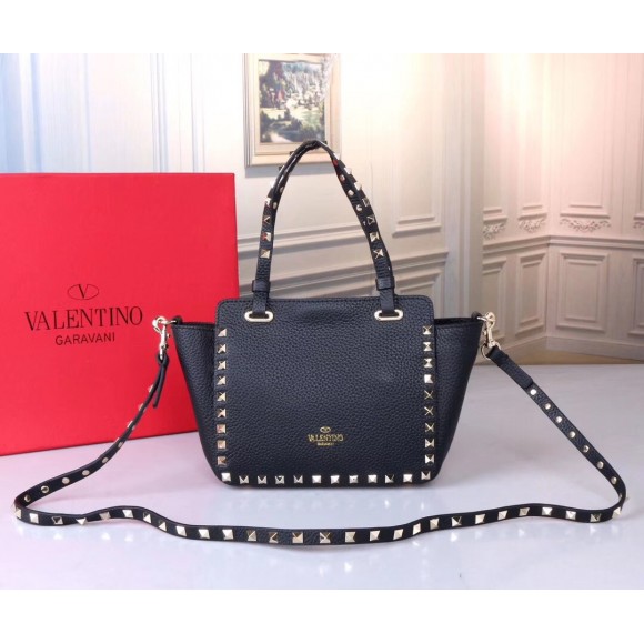 Valentino Rockstud Mini Tote In Black Grained Leather