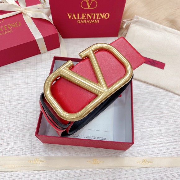 Valentino VLogo Reversible Belt 70mm in Black and Red Calfskin